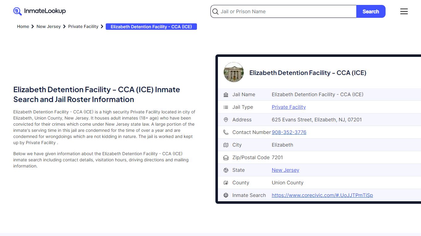 Elizabeth Detention Facility - CCA (ICE) Inmate Search - Inmate Lookup